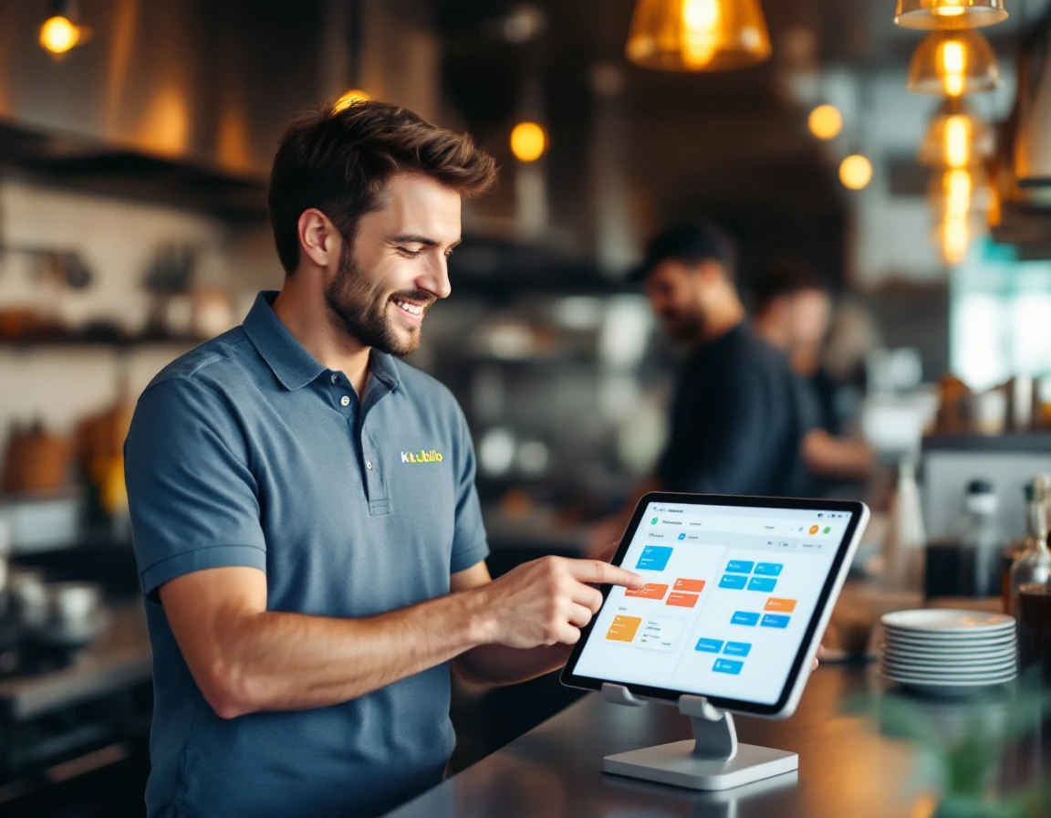 A friendly Kubilo support technician in the restaurant, smiling and pointing at the live order board on a counter tablet.