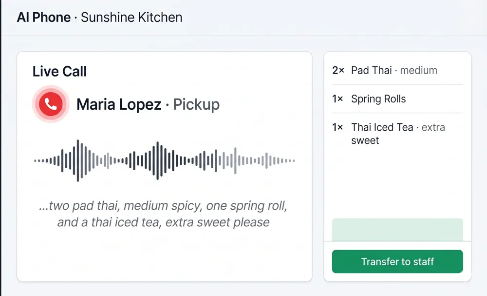 Kubilo's AI phone screen: a live call with the caller's name and pickup tag, a waveform with the live transcript underneath, the recognized order items listed beside it, and a Transfer to staff button.