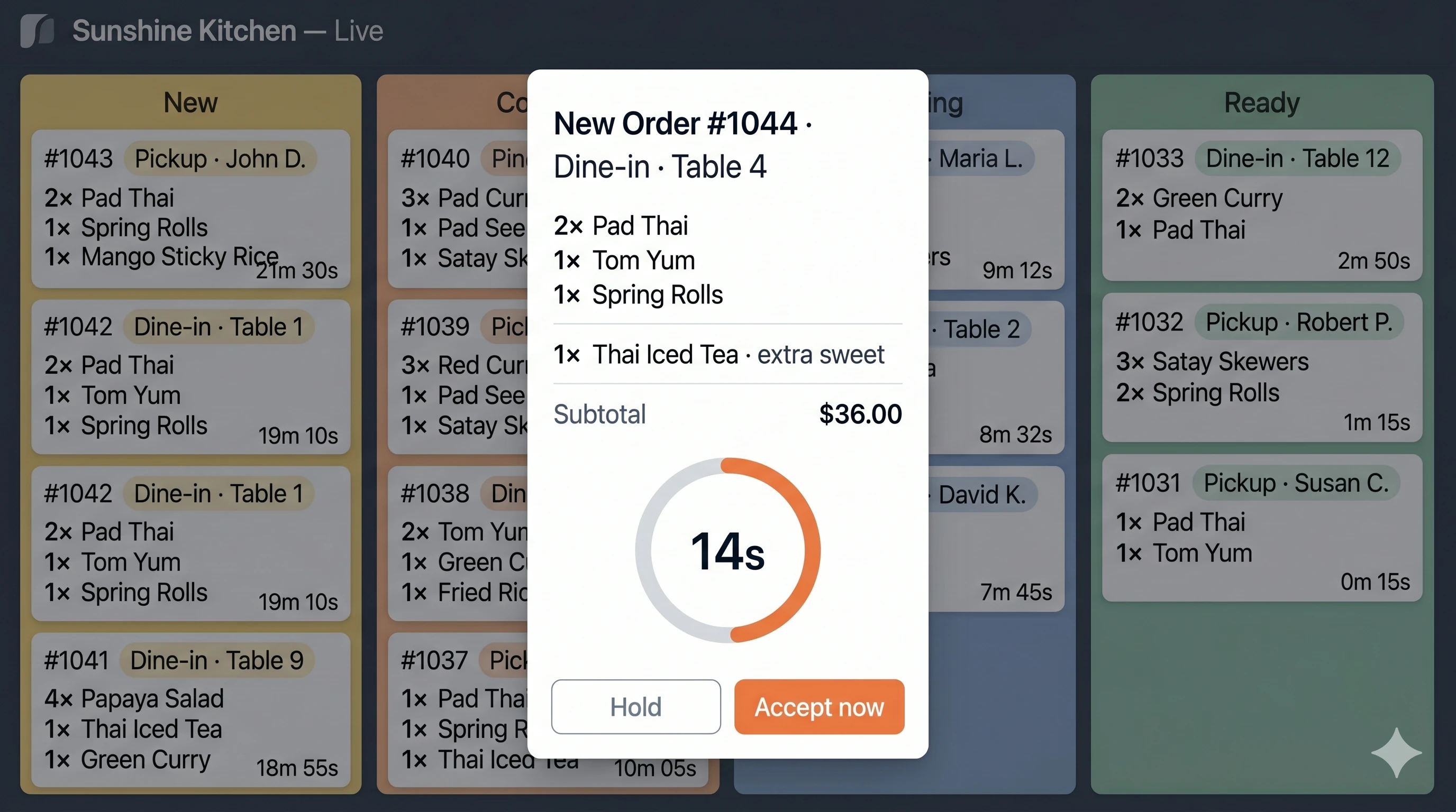 New order card with a circular countdown timer mid-state and Hold / Accept buttons.