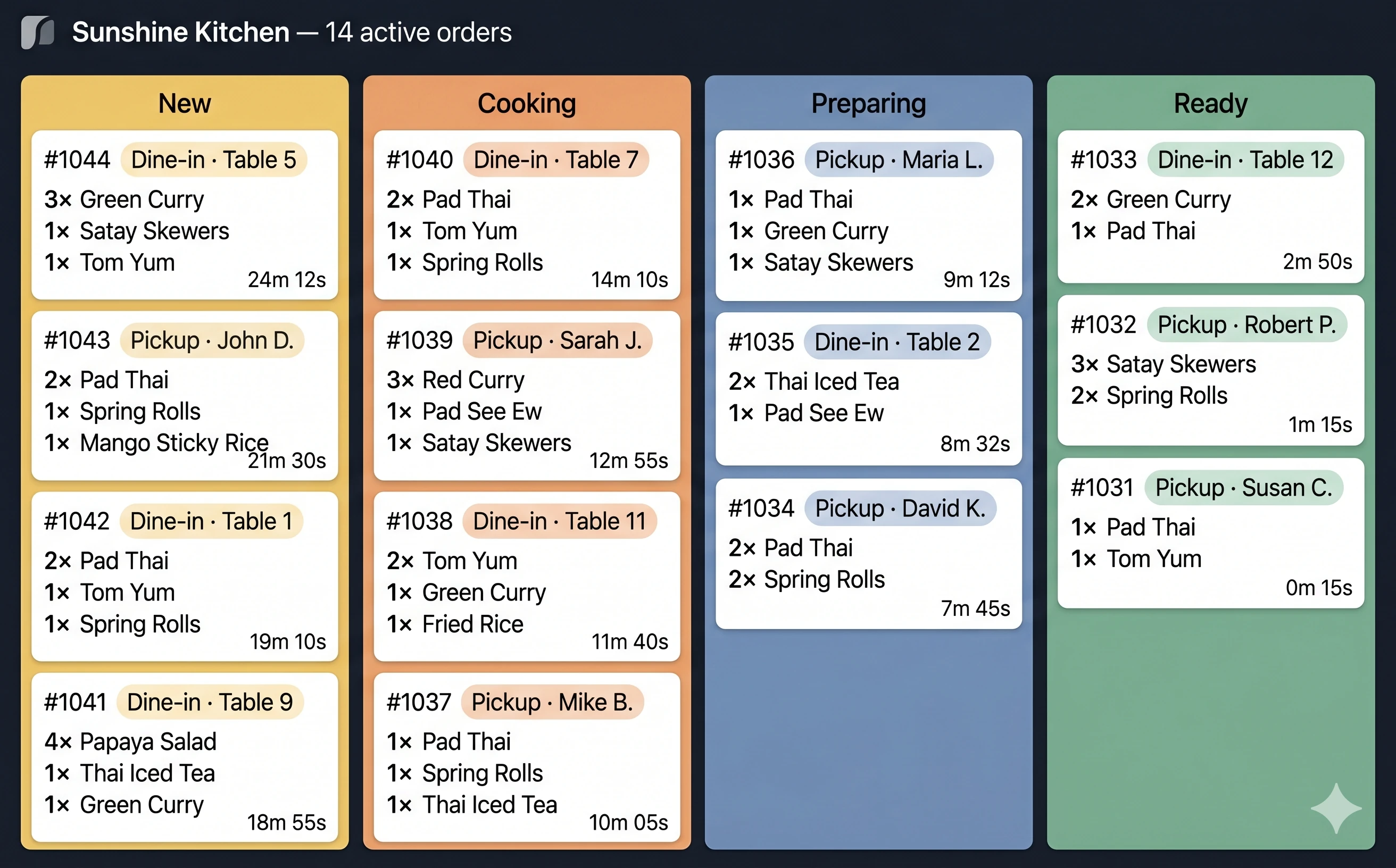 Kubilo kitchen board with four columns of active order tickets and table-vs-pickup tags.