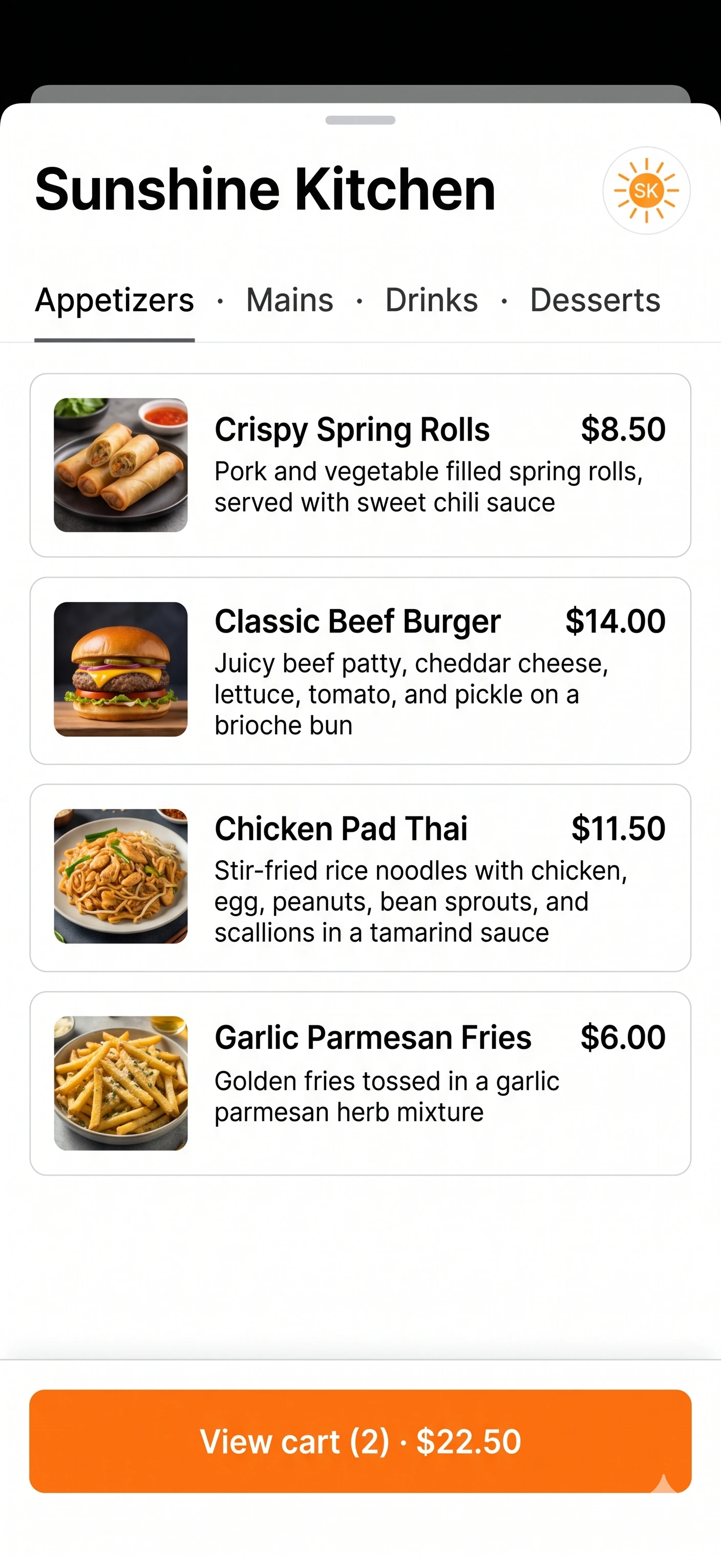Customer-facing mobile menu with category tabs, dish cards, and a cart button at the bottom.