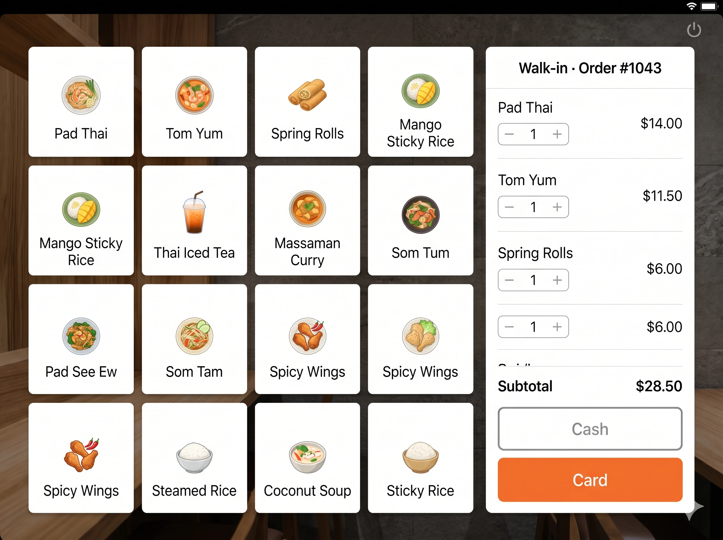 Tablet counter interface with a grid of dish tap-tiles on the left and a running order panel on the right.