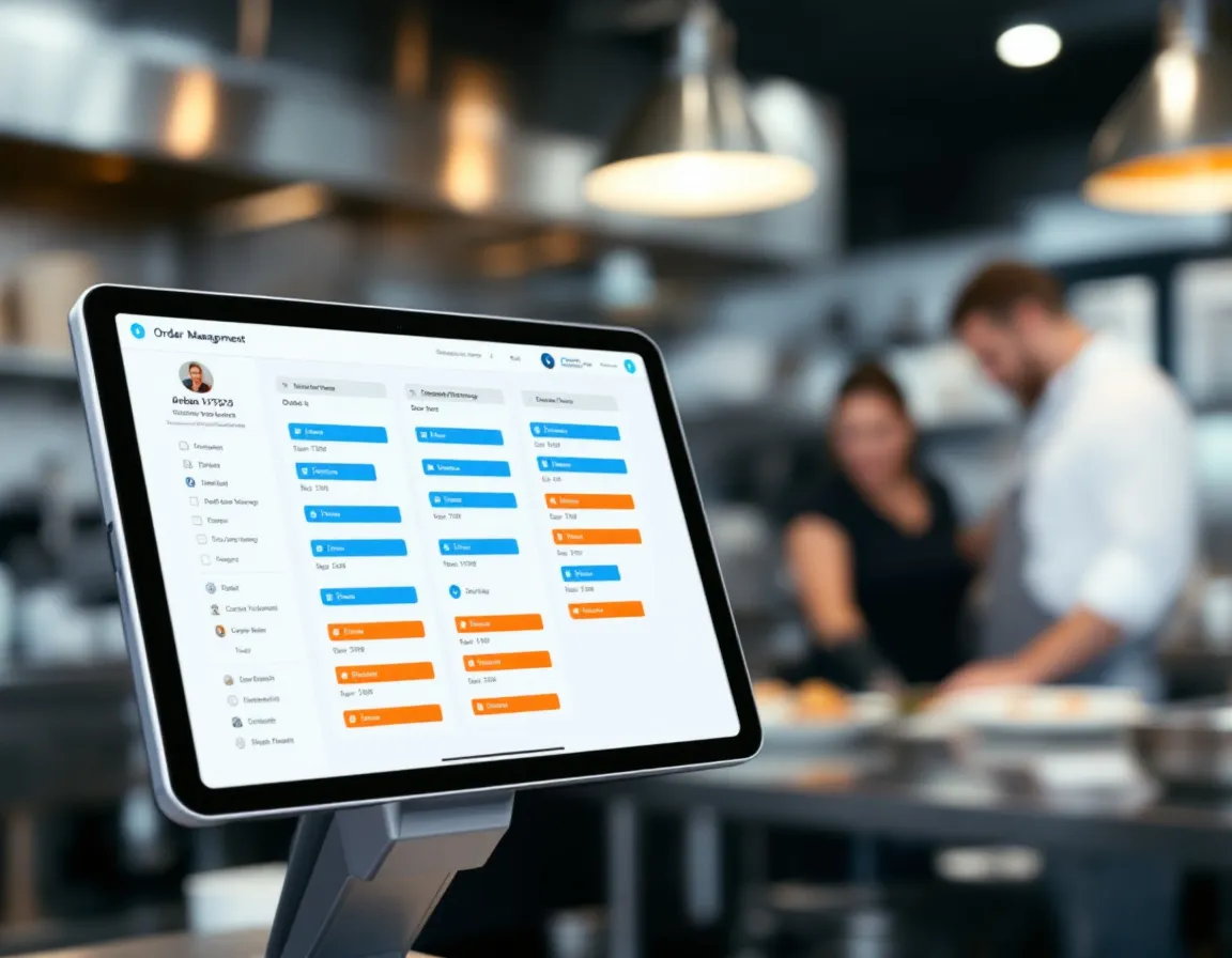 Una tablet en la cocina muestra el tablero de pedidos en vivo de Kubilo durante el servicio.